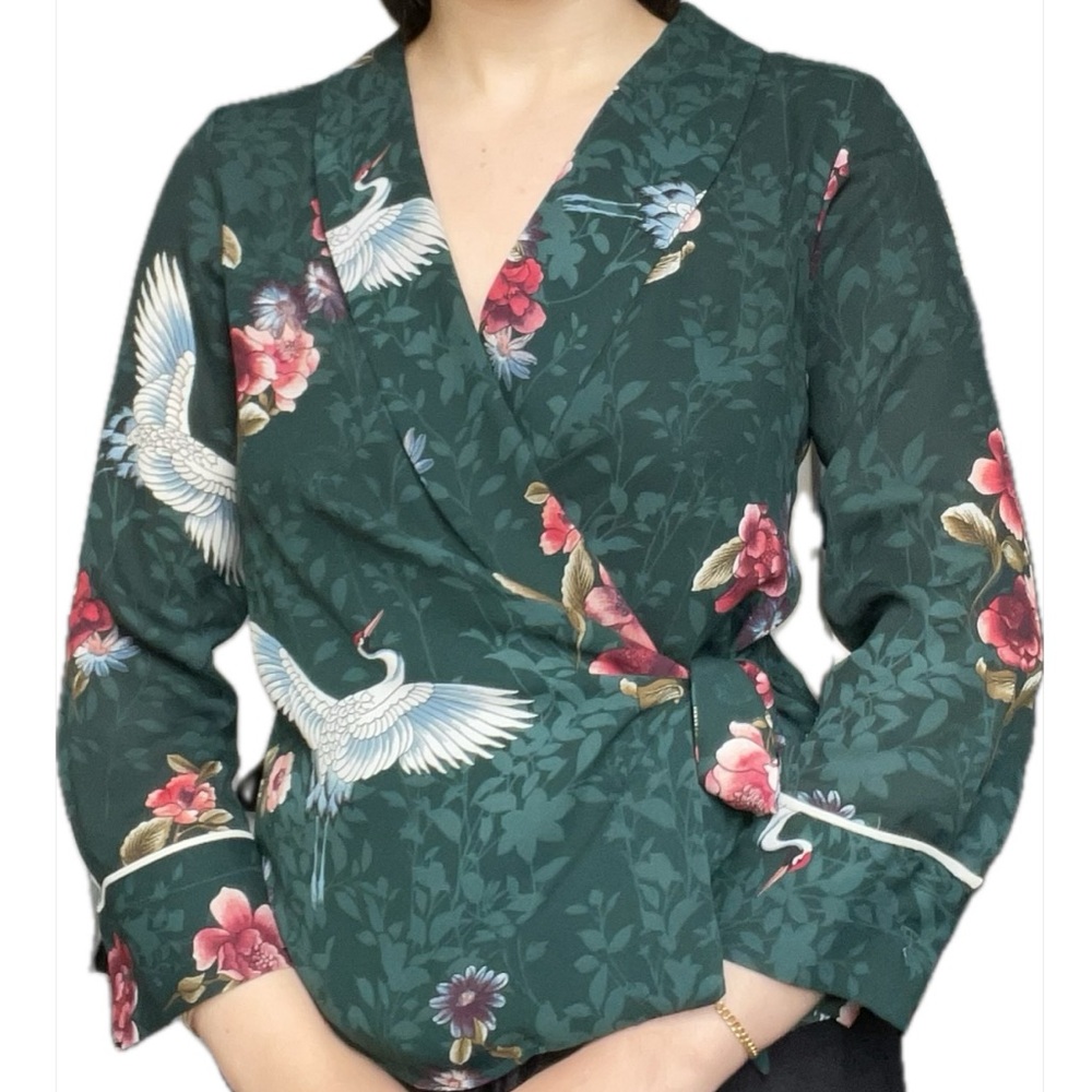 Zara Kimono Style Floral Crane Wrap Blouse